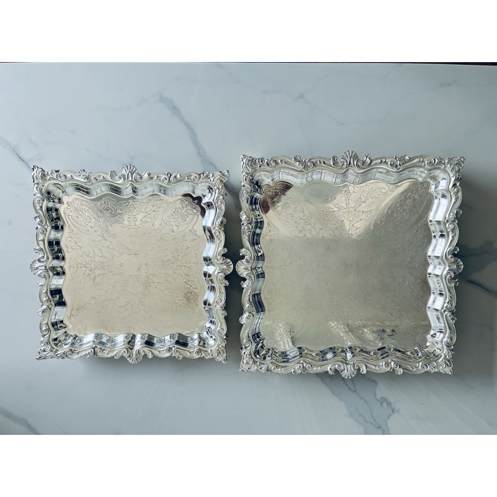 Vintage Birmingham Victorian Style Silver Plated Square Platter Trays Set Of 2